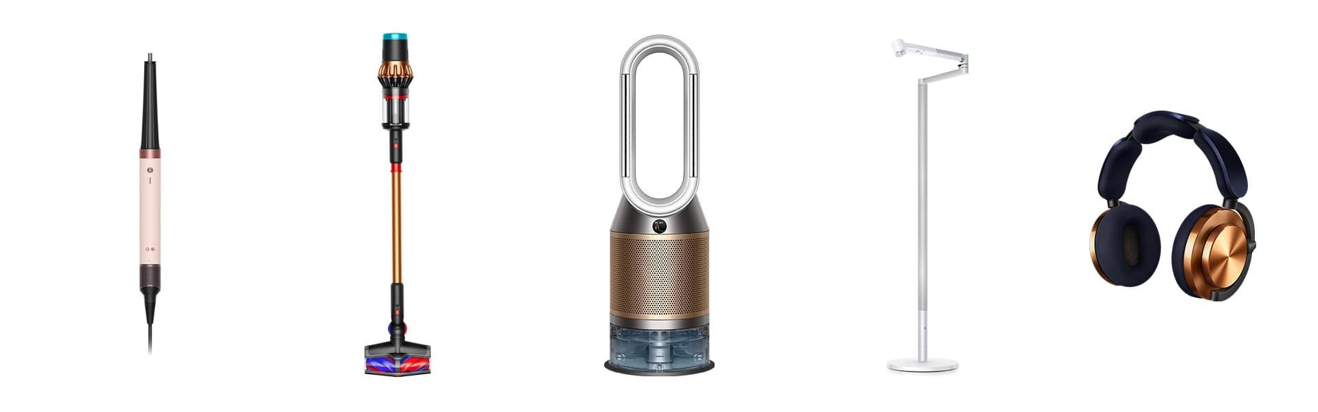 Fünf Dyson-Produkte – Lockenstab, kabelloser Staubsauger, Luftreiniger, LED-Lampe und Kopfhörer in verschiedenen Farben