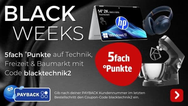 5fach °Punkte auf Technik, Freizeit & Baumarkt mit Code blacktechnik2 – Laptop, Kopfhörer und Küchenmaschine auf schwarzem Hintergrund