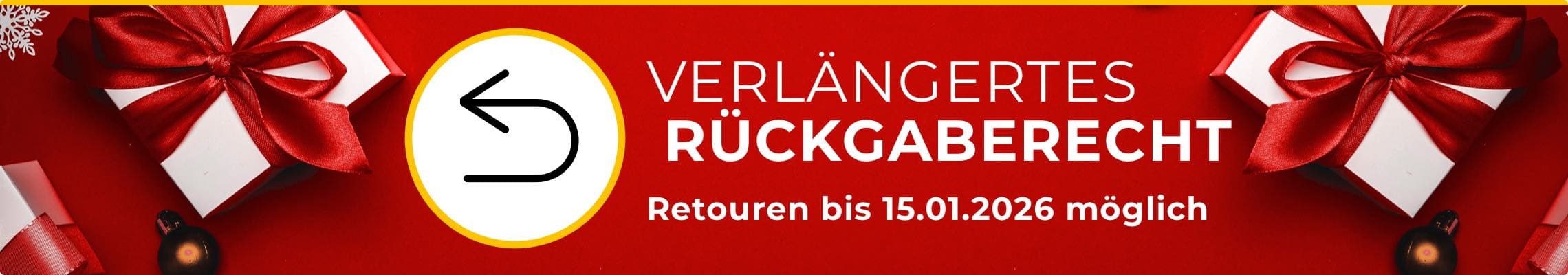 Verlängertes Rückgaberecht: Retouren bis 15.01.2026 möglich. Roter Hintergrund mit eingepackten Geschenken von oben.