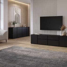 Modernes Wohnzimmer mit schwarzem TV-Schrank und Sideboard, grauem Teppich und Wandkunst.