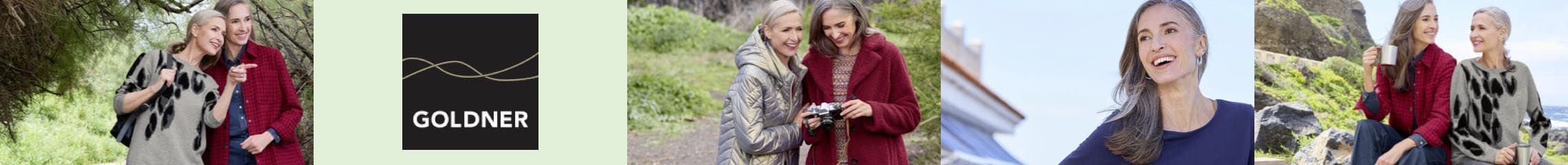 GOLDNER – Frauen in Outdoor-Kleidung, eine Frau mit Kamera, eine Frau mit Tasse, Natur im Hintergrund