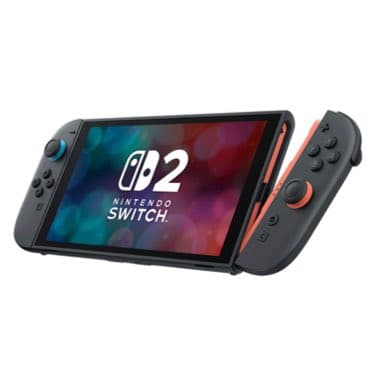 Nintendo Switch mit abgenommenen Joy-Con-Controllern und farbigem Display zeigt das Logo von D2