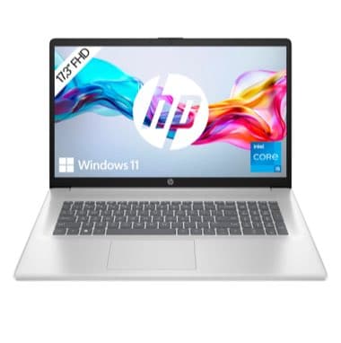 17.3 FHD – HP Laptop mit Windows 11 und Intel Core i5, silberfarbenes Gehäuse, geöffnetes Display zeigt bunte Grafik