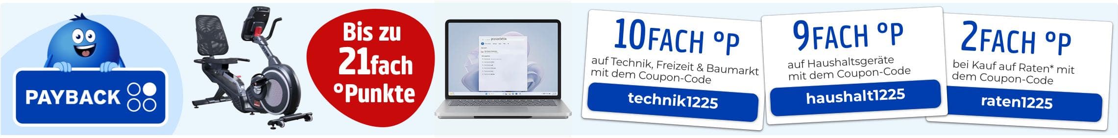 Bis zu 21-fach Punkte – PAYBACK Logo, Heimtrainer, Laptop, Coupons für 10-fach, 9-fach und 2-fach Punkte mit Codes