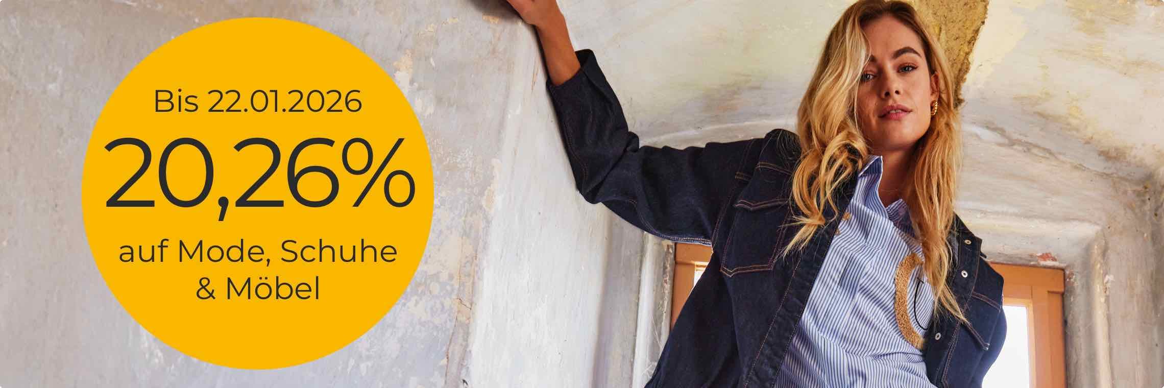 Bis 22.01.2026 20,26% auf Mode, Schuhe & Möbel – Frau in Jeansjacke lehnt an Wand