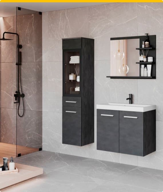 Modernes Badezimmer mit dunklen Möbeln, Spiegel, Waschbecken und Dusche mit Glaswand.