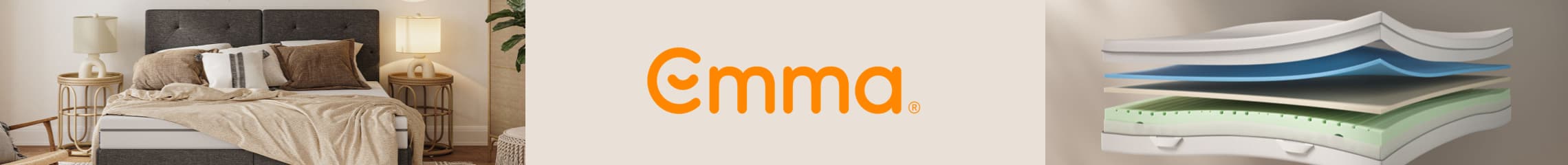 Emma – stilvolles Schlafzimmer mit Bett, Lampen und Kissen links, Schichten einer Matratze rechts