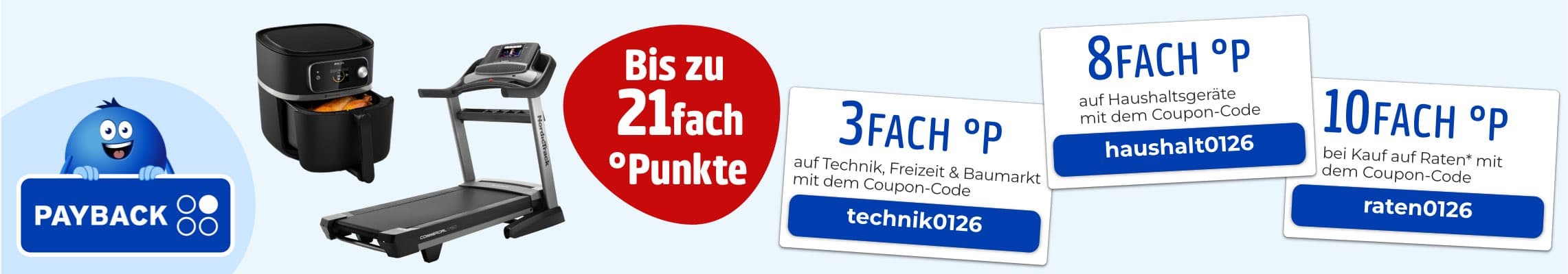 Bis zu 21fach °Punkte – Payback-Logo, Heißluftfritteuse und Laufband, Coupons für 3fach, 8fach und 10fach °Punkte