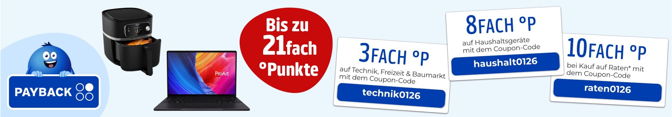 Bis zu 21fach °Punkte – Payback-Logo, Heißluftfritteuse, Laptop und Coupons für Technik, Haushalt und Ratenkauf.