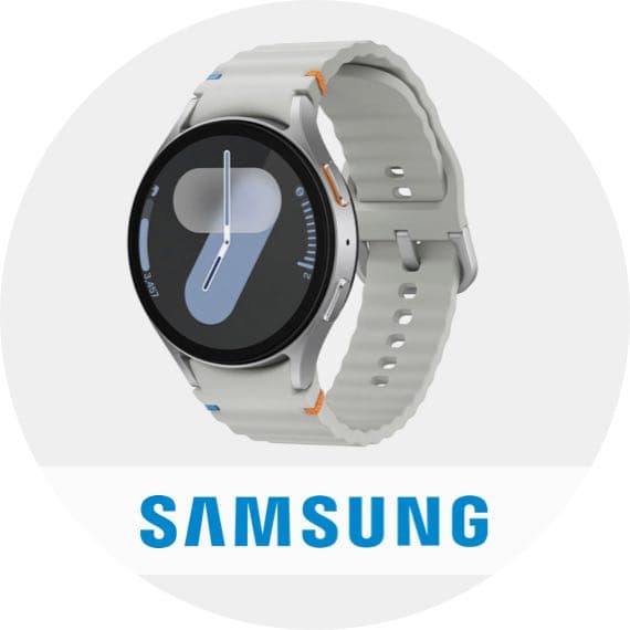 Samsung – Smartwatch mit rundem Display und grauem Armband in einer Nahaufnahme