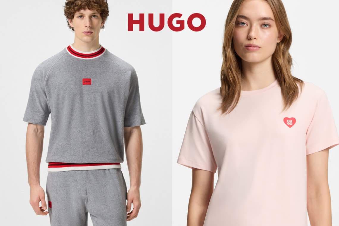 HUGO – Mann in grauem Outfit und Frau in rosa T-Shirt mit HUGO-Logo