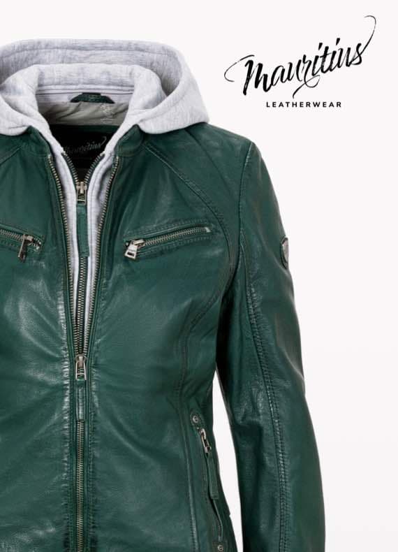Mauritius Leatherwear – grüne Lederjacke mit grauem Kapuzenfutter und Reißverschlüssen