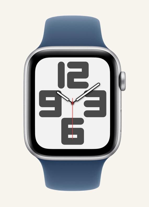 Smartwatch mit blauem Armband und großem Zahlenzifferblatt