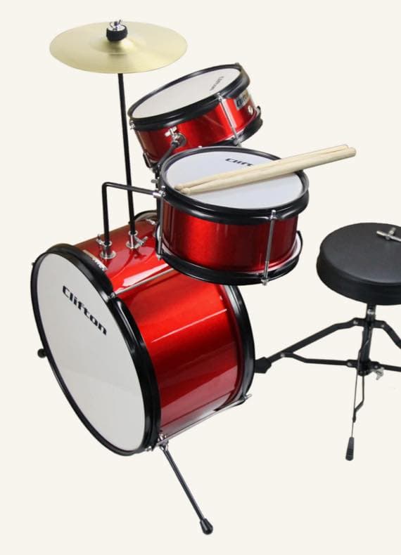 Clifton Schlagzeug-Set in Rot mit Hocker, drei Trommeln, Becken und zwei Drumsticks