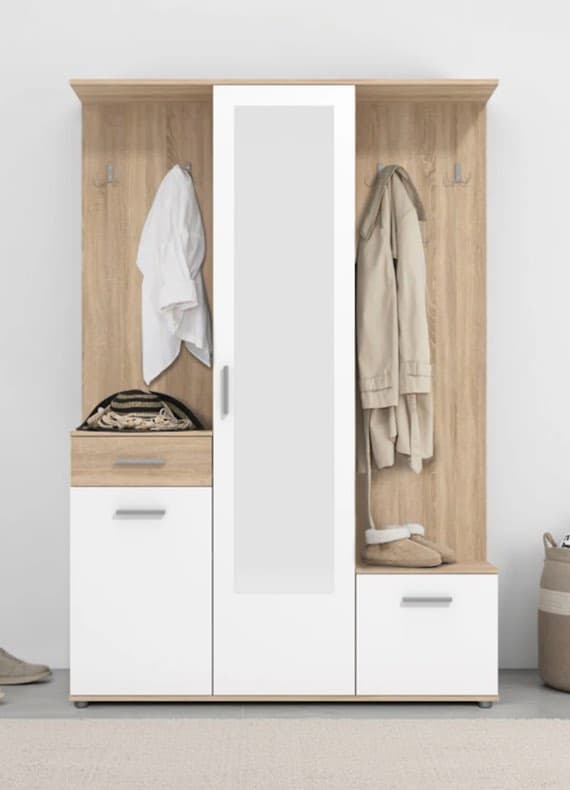 Geräumiger Garderobenschrank aus Holz und Weiß mit Spiegel, Haken, Schublade und Schranktüren, Kleidung und Schuhe verstaut