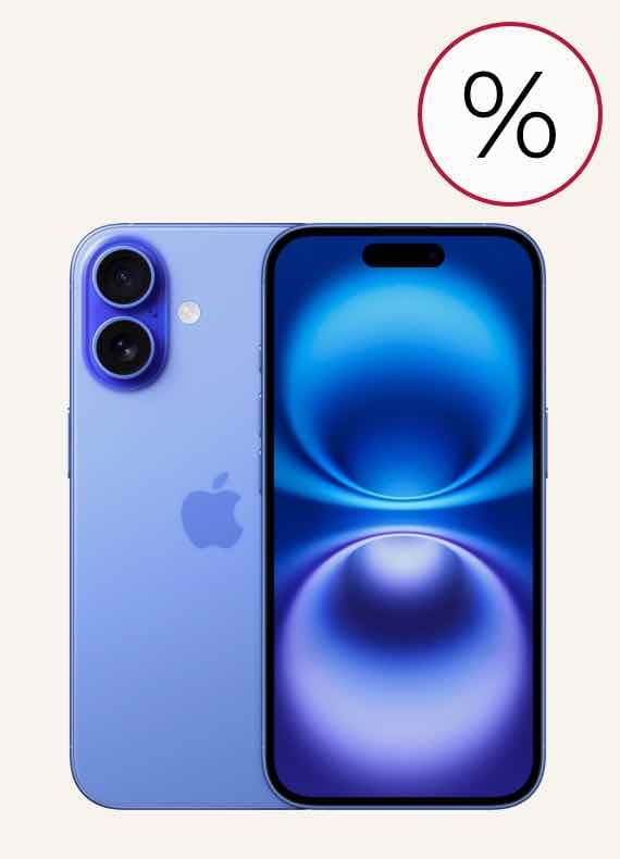 Prozentzeichen-Symbol – Lila Smartphone mit zwei Kameras und leuchtendem Display