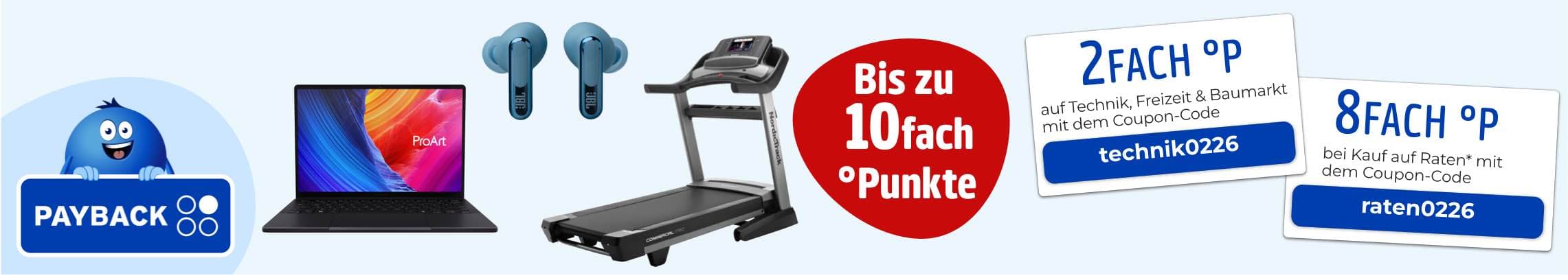 Bis zu 10fach °Punkte – PAYBACK-Logo, Laptop, Kopfhörer, Laufband, Coupons für 2fach und 8fach Punkte