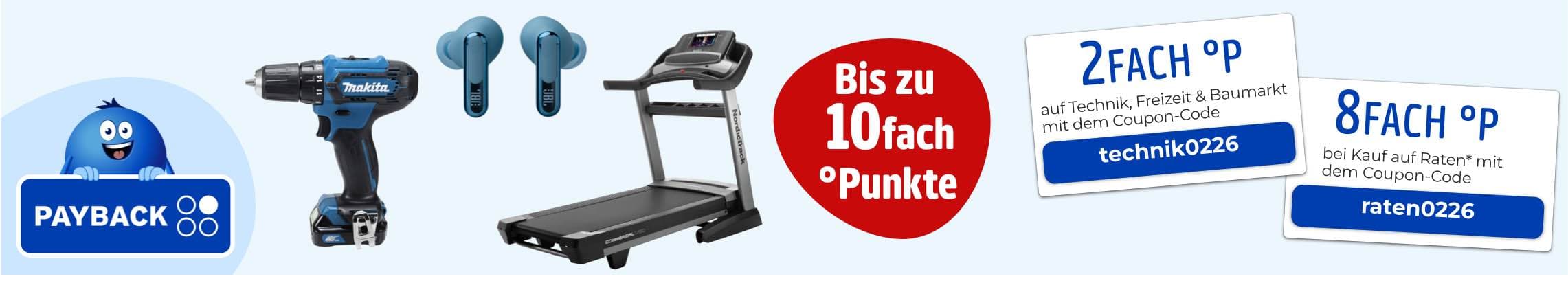 Bis zu 10fach Punkte – PAYBACK-Logo, Bohrmaschine, Kopfhörer, Laufband, Coupons für 2fach und 8fach Punkte