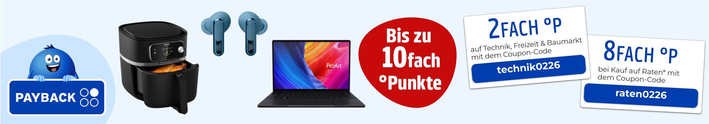 Bis zu 10fach °Punkte – PAYBACK-Logo, Heißluftfritteuse, Kopfhörer, Laptop und Coupon-Codes für Zusatzpunkte