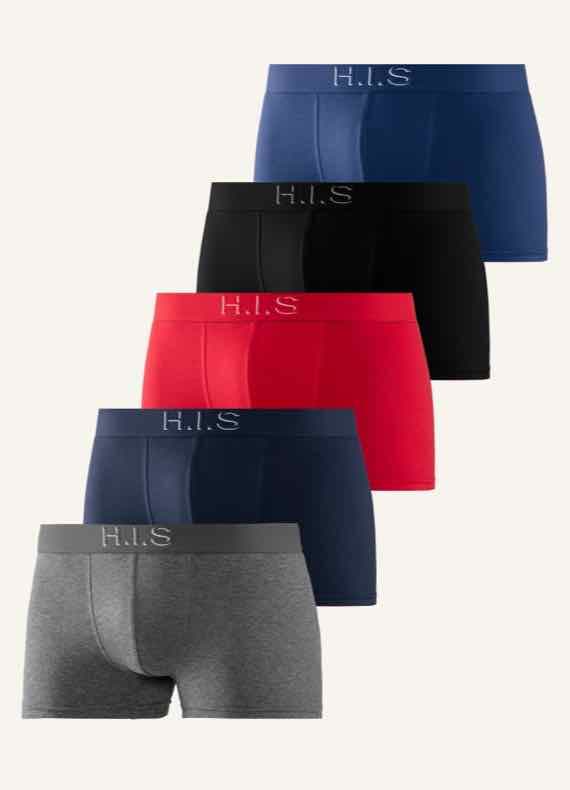 5 Herren-Boxershorts in Blau, Schwarz, Rot, Dunkelblau und Grau, jeweils mit H.I.S Schriftzug am Bund.