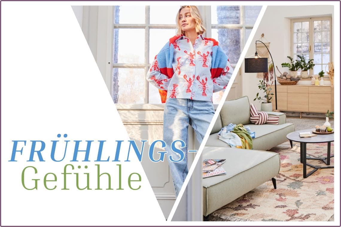 FRÜHLINGS-Gefühle – Frau in farbiger Bluse und Jeans, daneben gemütliches Wohnzimmer mit Pflanzen und Sofa