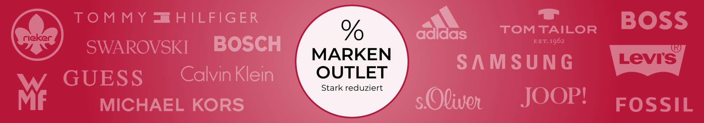 % Marken Outlet – Stark reduziert. Logos verschiedener Marken auf rotem Hintergrund