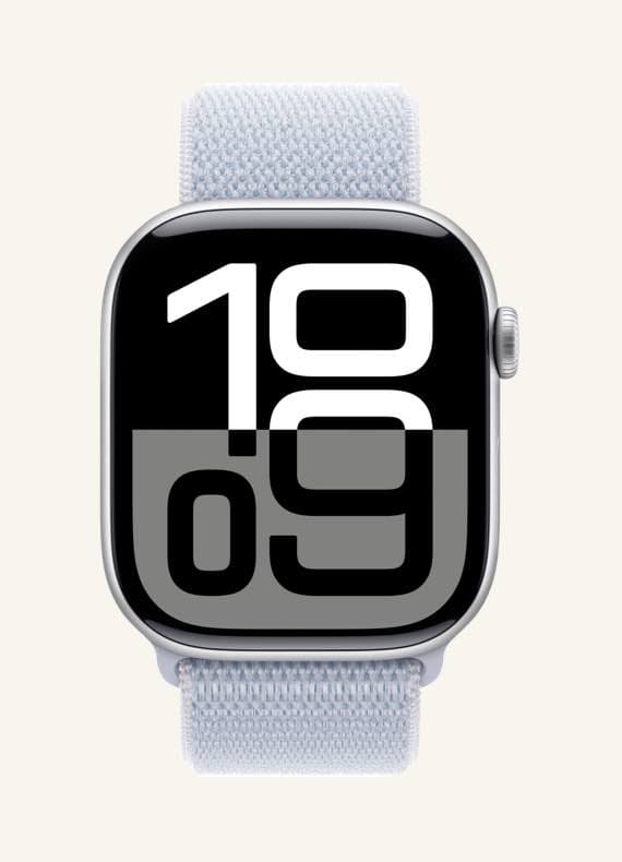 Smartwatch mit großem, kontrastierendem Display zeigt 10:09 Uhr, graues Band