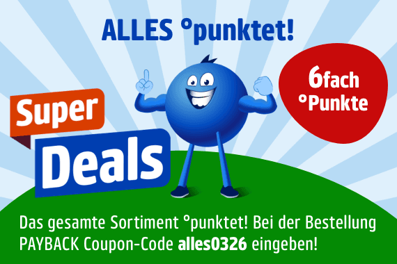ALLES °punktet! 6fach °Punkte – Super Deals – Textanweisungen und blauer Charakter auf grünem Hintergrund.