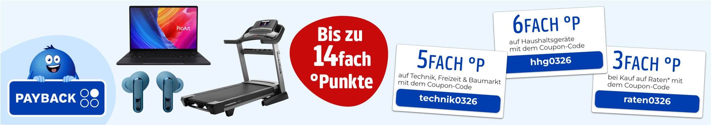 Bis zu 14fach °Punkte – PAYBACK Logo, Laptop, Kopfhörer, Laufband, Coupons für 5fach °P, 6fach °P und 3fach °P