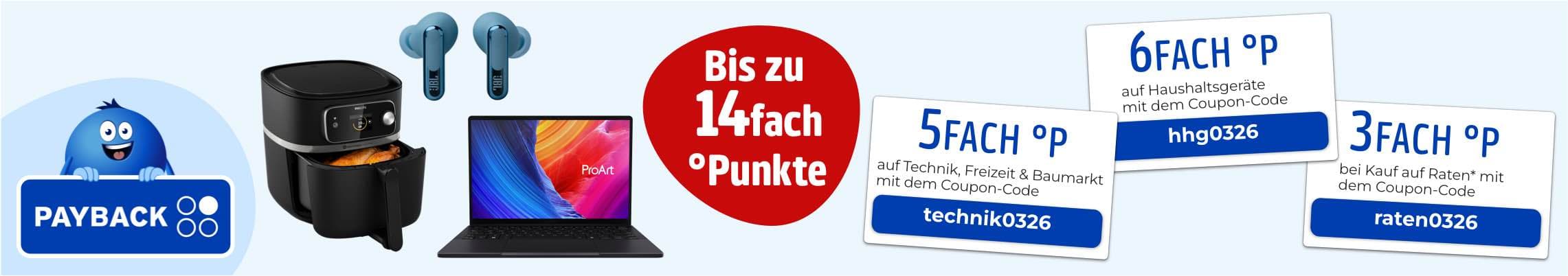 Bis zu 14fach °Punkte – Payback-Logo, Heißluftfritteuse, Kopfhörer, Laptop und Coupons für 6fach, 5fach und 3fach °Punkte