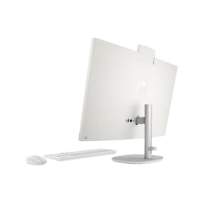 Weißer Computer mit Monitor, Tastatur und Maus, von hinten gezeigt