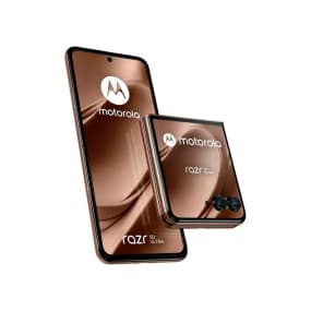 Motorola Razr 50 Ultra in Kupferfarbe, ausgeklappt und zusammengeklappt nebeneinander