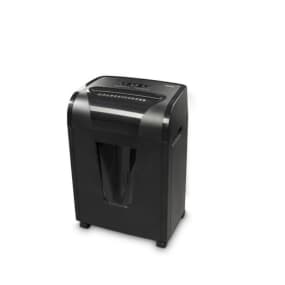 Schwarzer Aktenvernichter mit transparentem Fenster und Bedienelementen auf der Oberseite