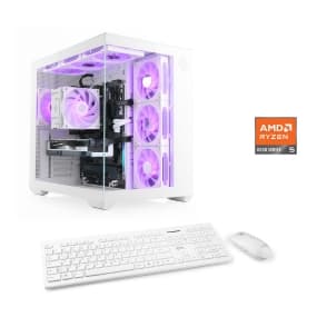 AMD Ryzen 5 PC mit lila beleuchtetem Gehäuse, weißer Tastatur und Maus