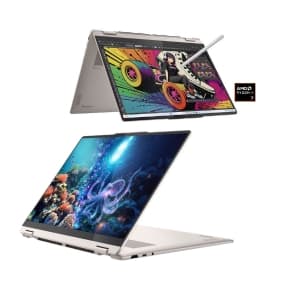 Zwei weiße Laptops, einer im Tent-Modus mit Stift, der andere im Laptop-Modus. AMD Ryzen 7 Logo.