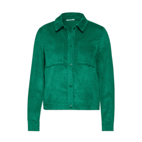 Grüne Cordjacke mit Knopfleiste und Brusttaschen, Kragen hochgeklappt