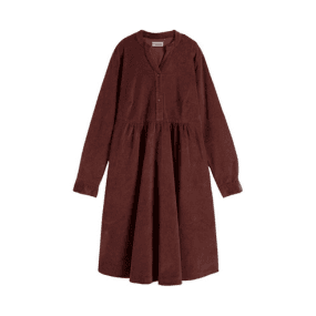 Lässiges weinrotes Baumwoll-Cord-Kleid mit V-Ausschnitt