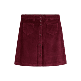 Weinroter Cordrock in A-Linie mit Knopfleiste.