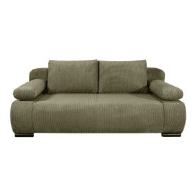 Olivegrünes Cordsofa mit breiten Armlehnen und zwei Rückenkissen frontalansicht