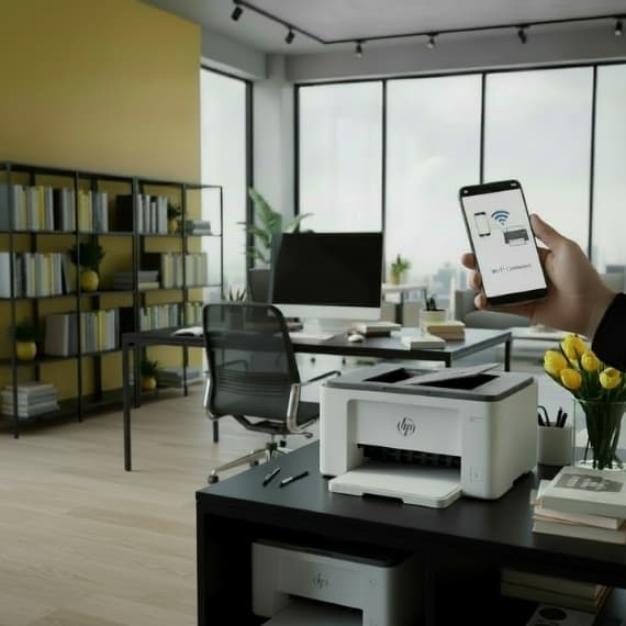 Wi-Fi Connect – Person hält Smartphone vor Drucker in modernem Büro mit Regalen und Schreibtisch