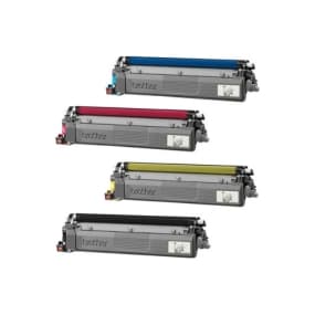 Vier Druckerpatronen in Cyan, Magenta, Gelb und Schwarz nebeneinander angeordnet.