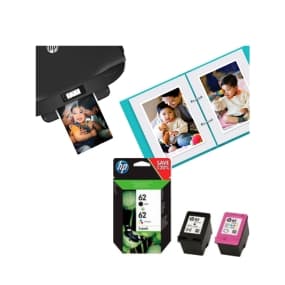 HP 62 Tintenpatronen, Drucker druckt Foto, Bilder in Album, Kind und Eltern beim Spielen