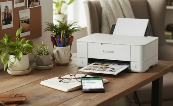 Canon-Drucker druckt Foto auf Schreibtisch mit Pflanzen, Brille, Notizbuch und Smartphone.