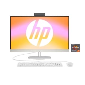 HP All-in-One PC mit weißer Tastatur und Maus, AMD Ryzen 7 Logo rechts, Bildschirm zeigt HP-Logo auf buntem Hintergrund