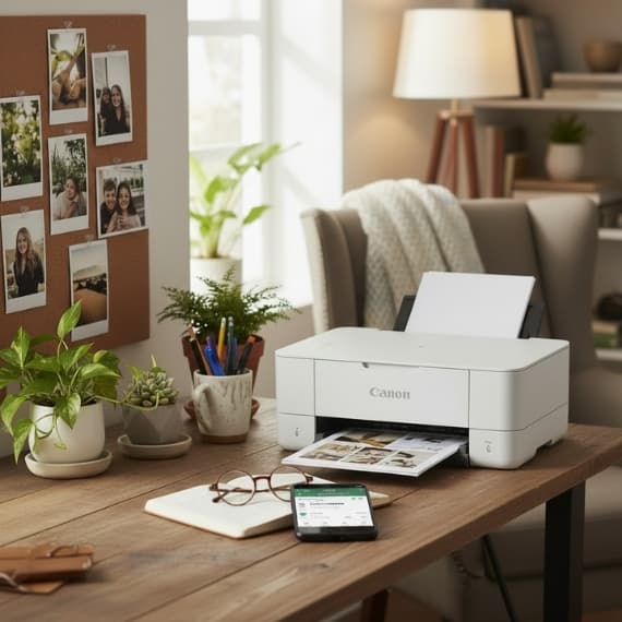 Canon-Drucker auf Schreibtisch in gemütlichem Büro, mit Pflanzen, Fotos an Pinnwand und Smartphone.