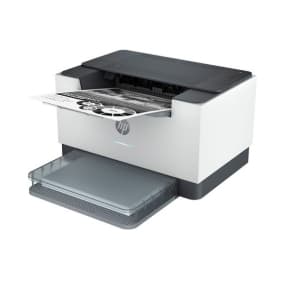 Weißer HP-Drucker druckt ein Dokument mit schwarzem Text und Grafiken