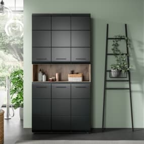 Schwarzer Schrank mit offenen Regalfächern, daneben Leiterregal mit Pflanzen vor grünem Hintergrund.