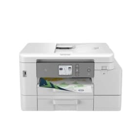 Brother-Drucker gibt ein farbiges Blatt aus, zeigt Menübildschirm mit Optionen wie Kopieren und Scannen.