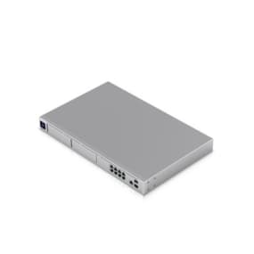 Silberner Netzwerk-Switch mit mehreren Ethernet-Ports und einem USB-Anschluss