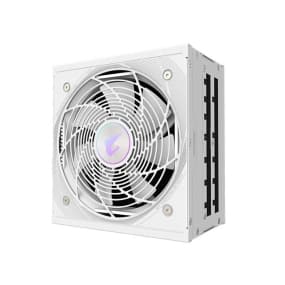 Weiße Computer-Netzteil mit Lüfter und Kabelanschlüssen auf der Seite